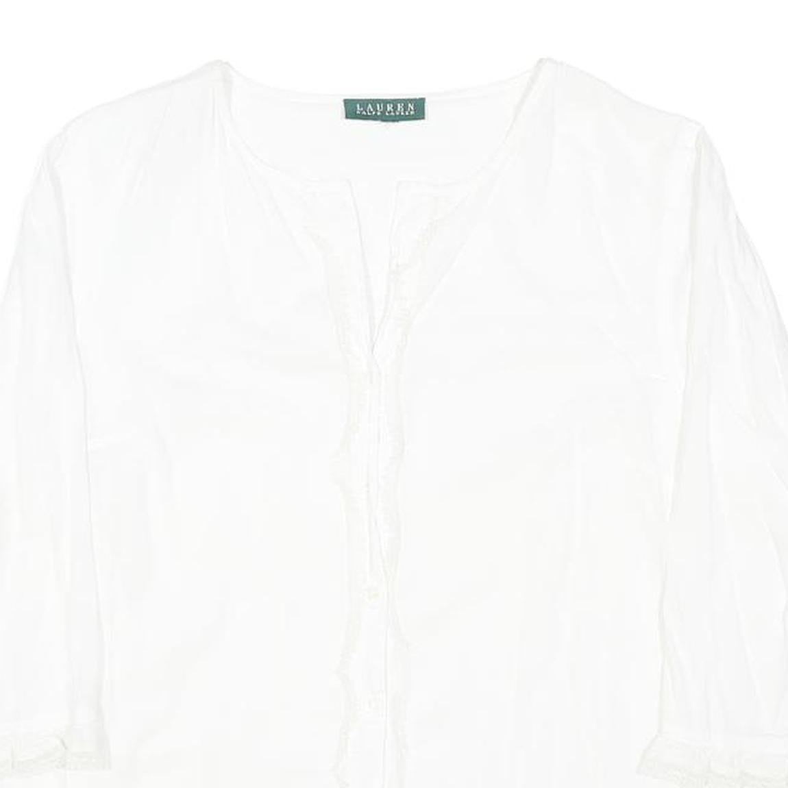 LAUREN RALPH LAUREN Womens White Cotton Blend Blouse 3/4 Sleeve Button Neck L