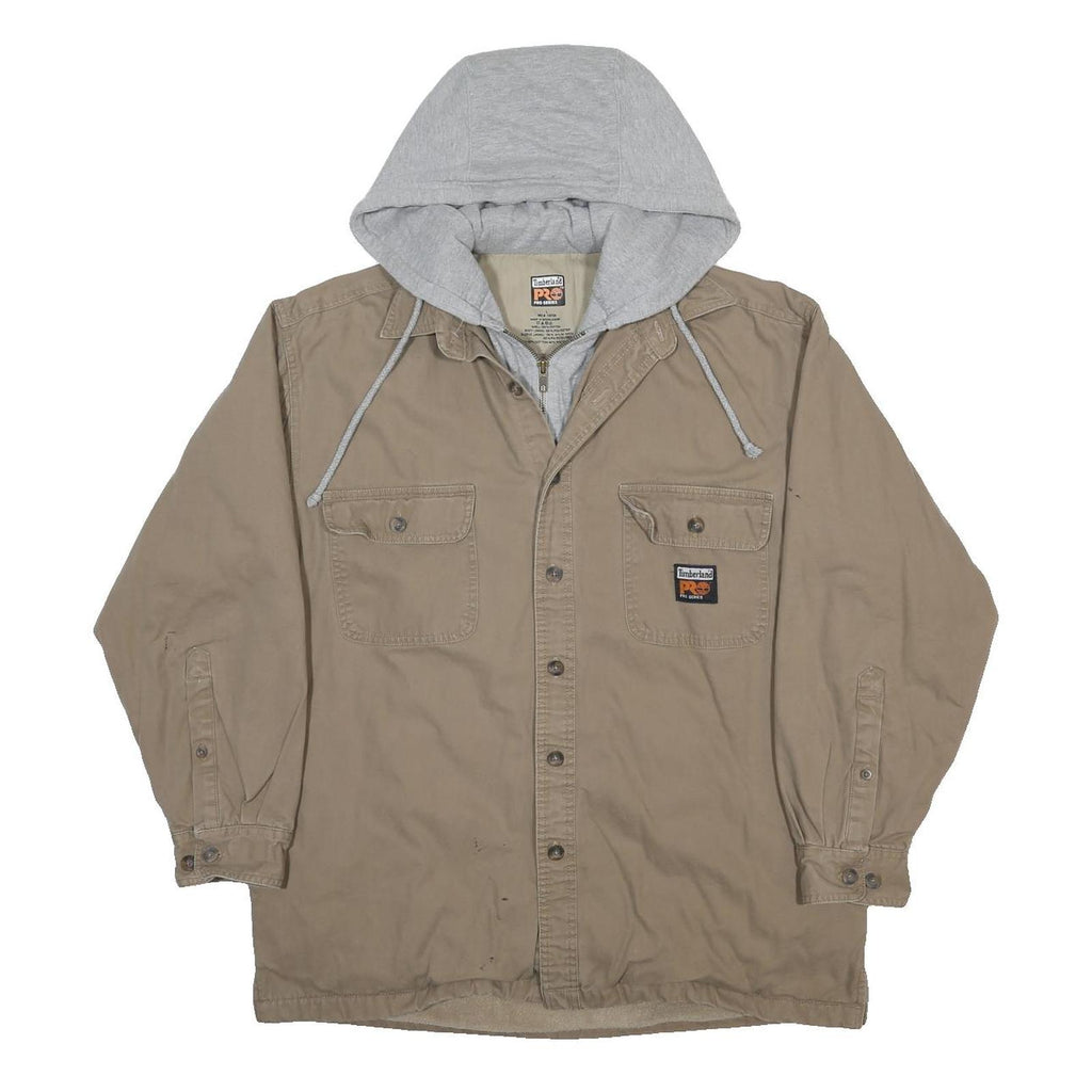 TIMBERLAND Mens Beige & Grey Hooded Cotton Workwear Jacket L Relaxed Fit Zip
