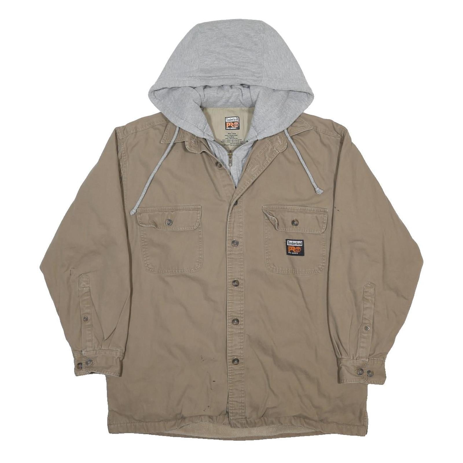 TIMBERLAND Mens Beige & Grey Hooded Cotton Workwear Jacket L Relaxed Fit Zip