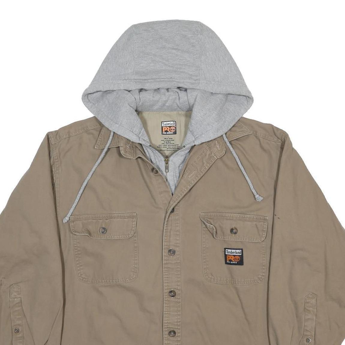 TIMBERLAND Mens Beige & Grey Hooded Cotton Workwear Jacket L Relaxed Fit Zip