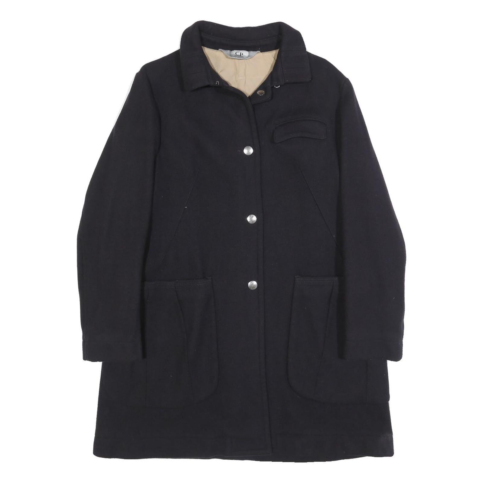 C.P. COMPANY Womens Black Wool Blend Button Jacket L Plain Classic Long Sleeve