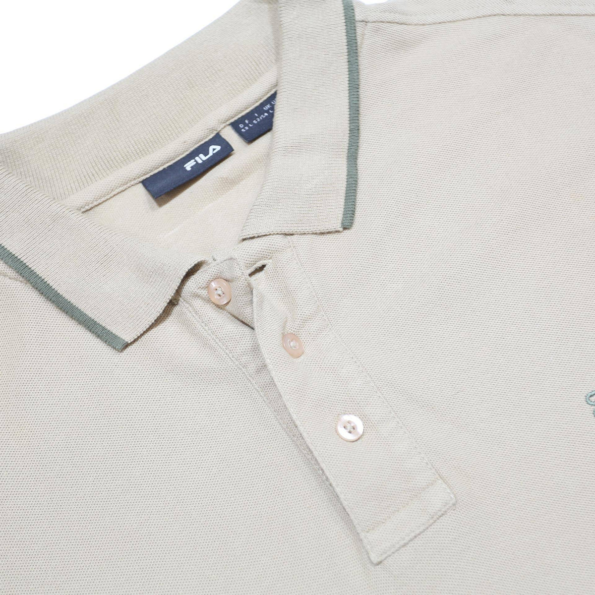 FILA Mens Beige & Green Long Sleeve Plain L Cotton Polo Shirt Casual Wear