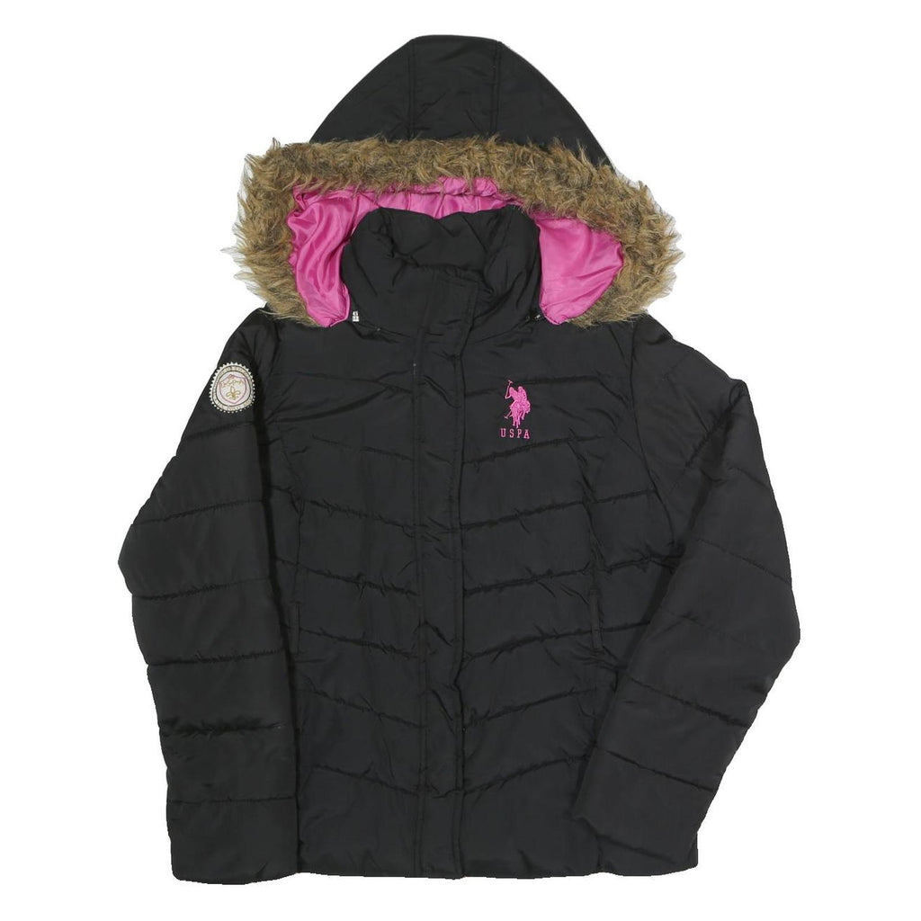 U.S. POLO ASSN Womens Black Jacket L Polyester Puffer Zip Hooded Pink Logo