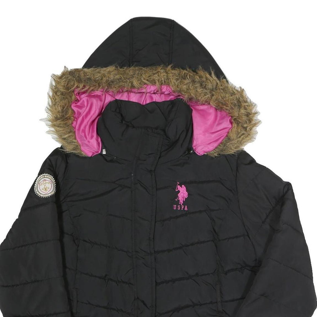U.S. POLO ASSN Womens Black Jacket L Polyester Puffer Zip Hooded Pink Logo