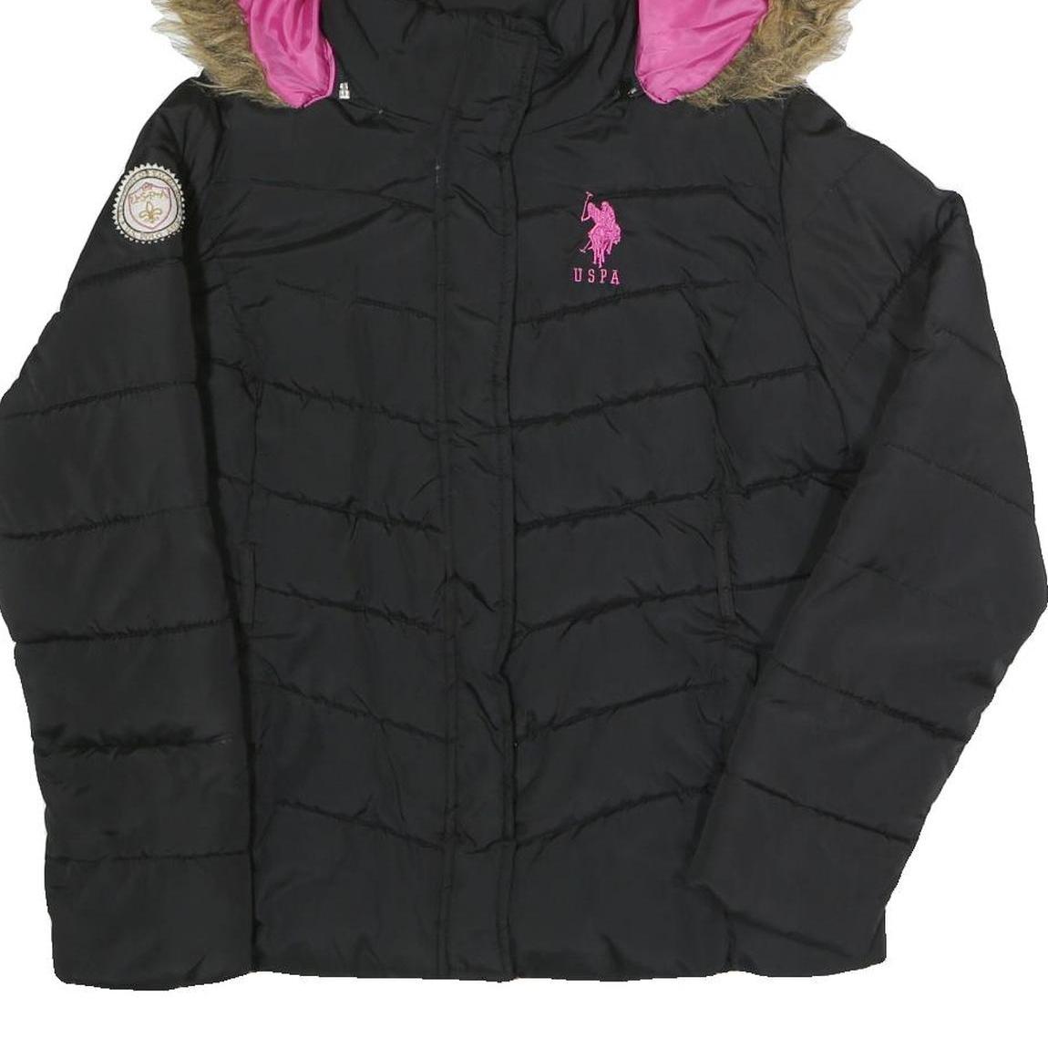 U.S. POLO ASSN Womens Black Jacket L Polyester Puffer Zip Hooded Pink Logo