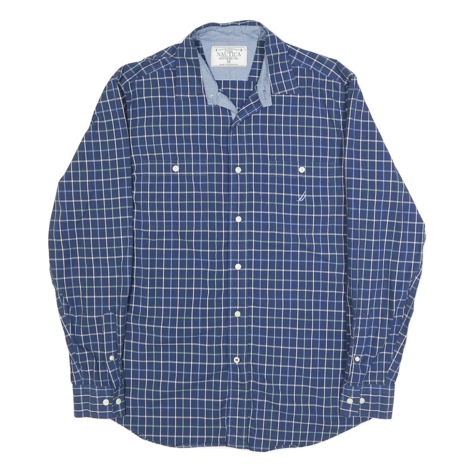 NAUTICA Mens Blue Checked Shirt M Cotton Blend Casual Long Sleeve Button