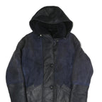 Womens Navy & Black Hooded Cotton Blend Jacket L Button Closure Casual Outerwear
