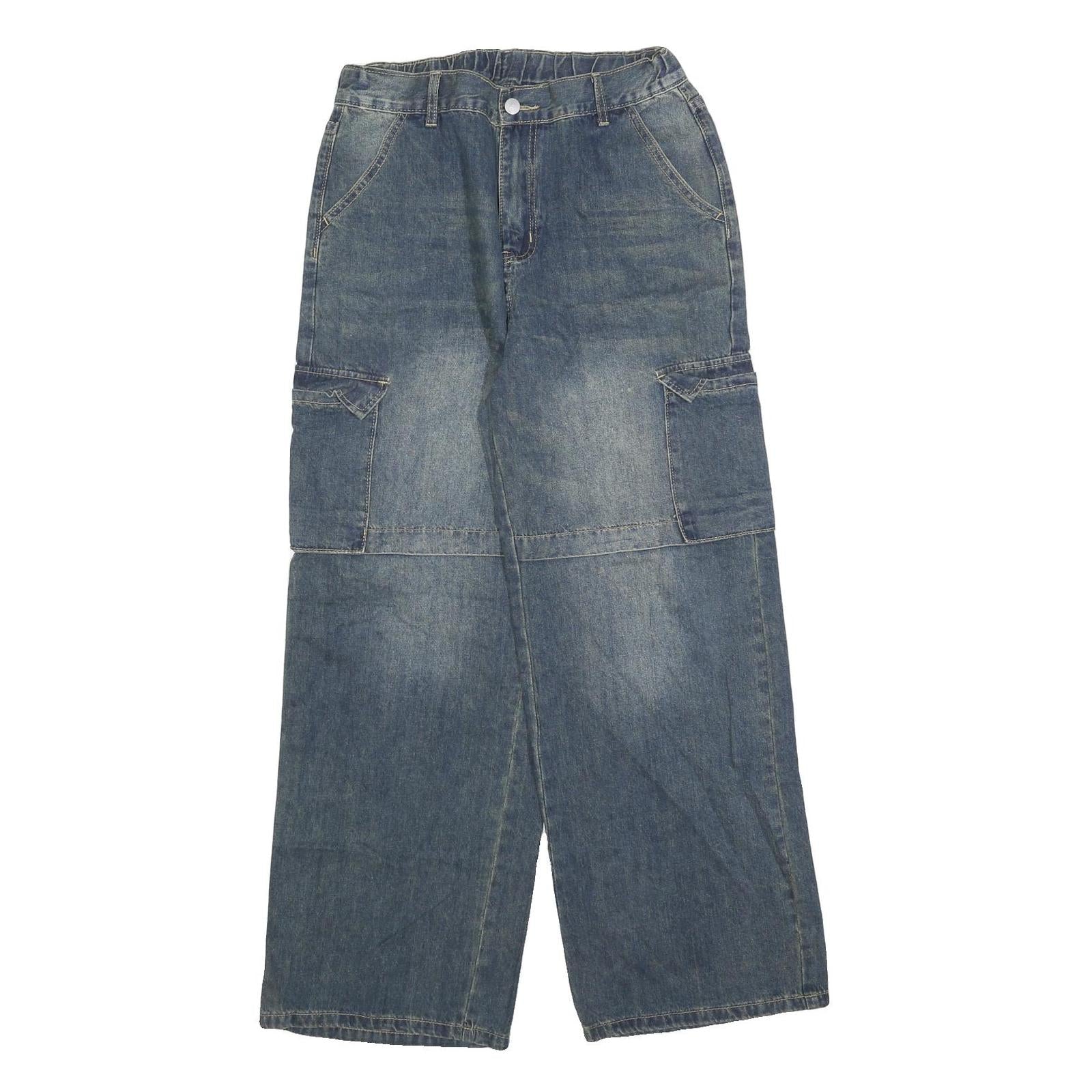 Womens Relaxed Blue Denim Wide-Leg Jeans W28 L28 Cargo Pockets Cotton Blend Zip