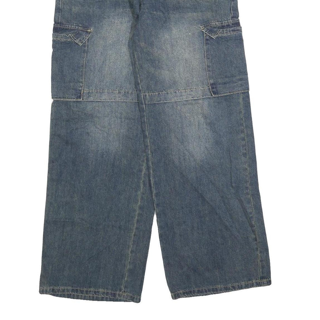 Womens Relaxed Blue Denim Wide-Leg Jeans W28 L28 Cargo Pockets Cotton Blend Zip
