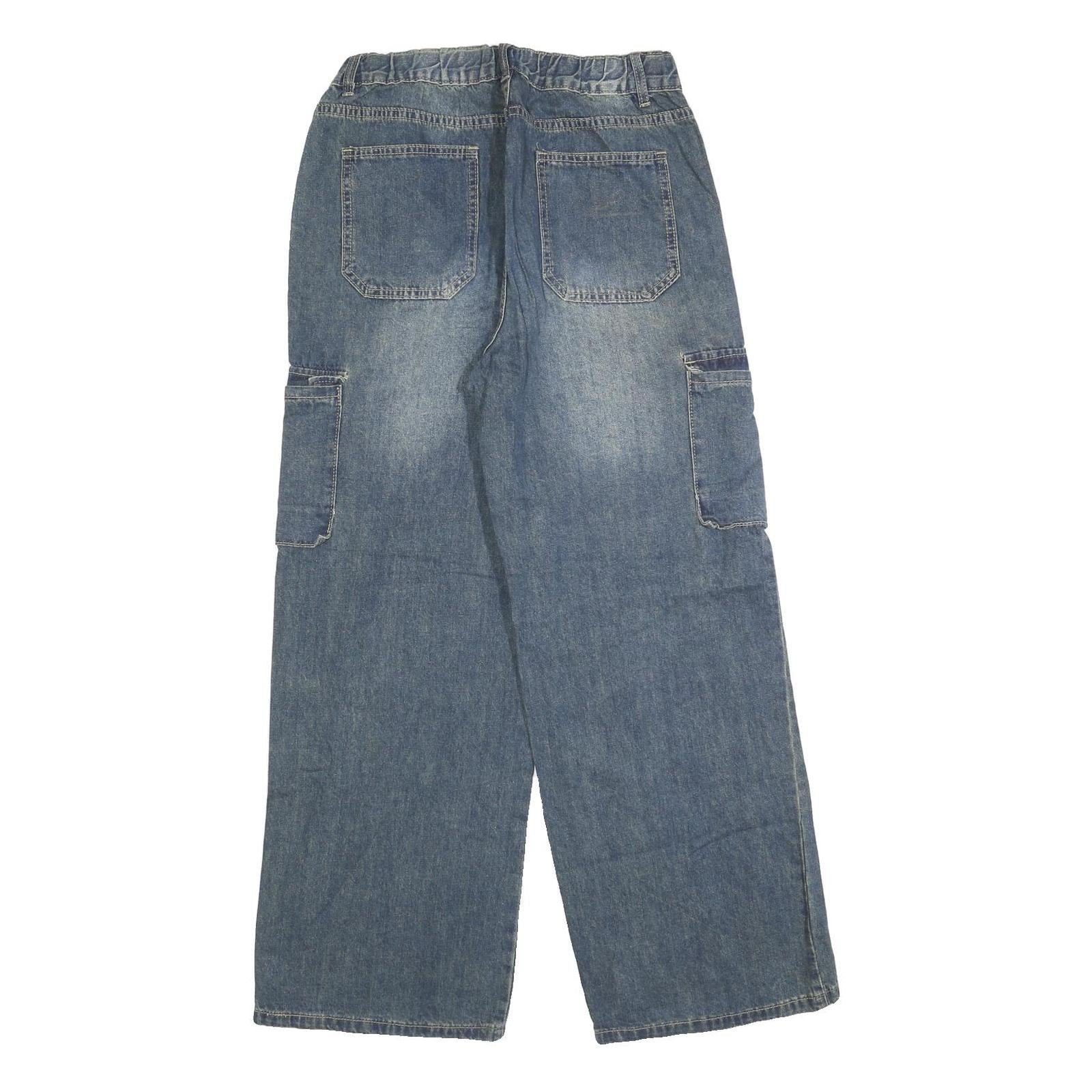 Womens Relaxed Blue Denim Wide-Leg Jeans W28 L28 Cargo Pockets Cotton Blend Zip