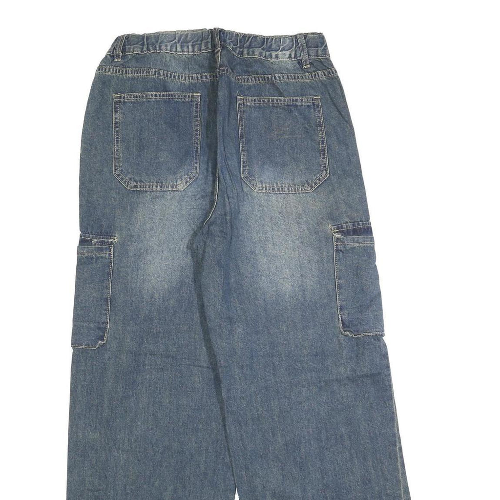 Womens Relaxed Blue Denim Wide-Leg Jeans W28 L28 Cargo Pockets Cotton Blend Zip