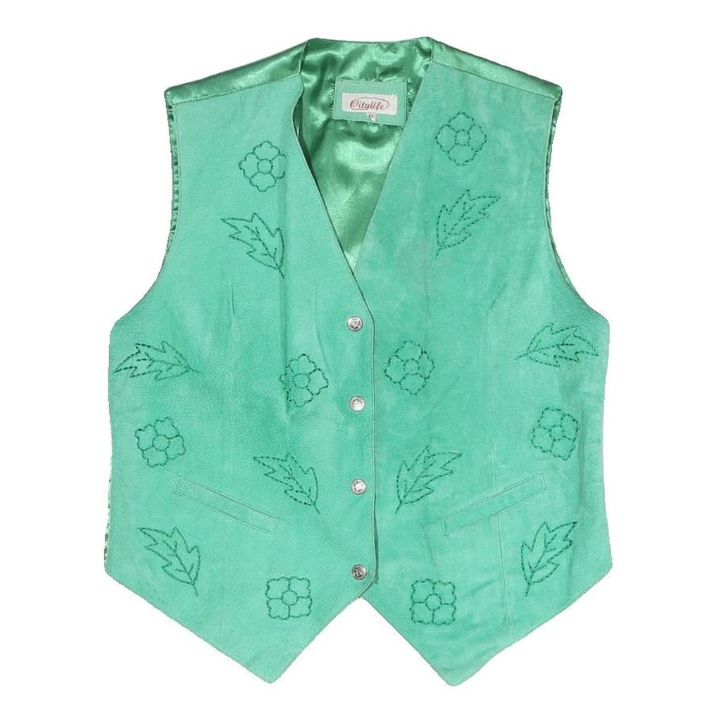 CITY LIFE Womens Green Embroidered Button Jacket M Polyester Blend Vest