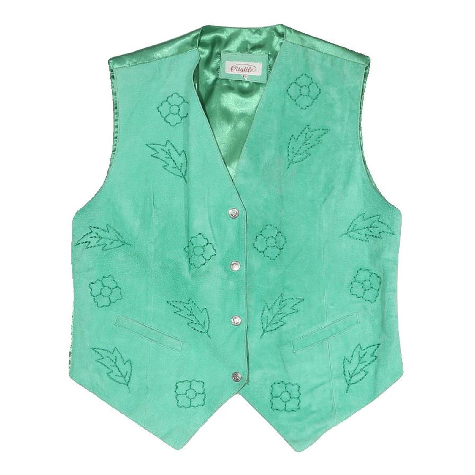 CITY LIFE Womens Green Embroidered Button Jacket M Polyester Blend Vest