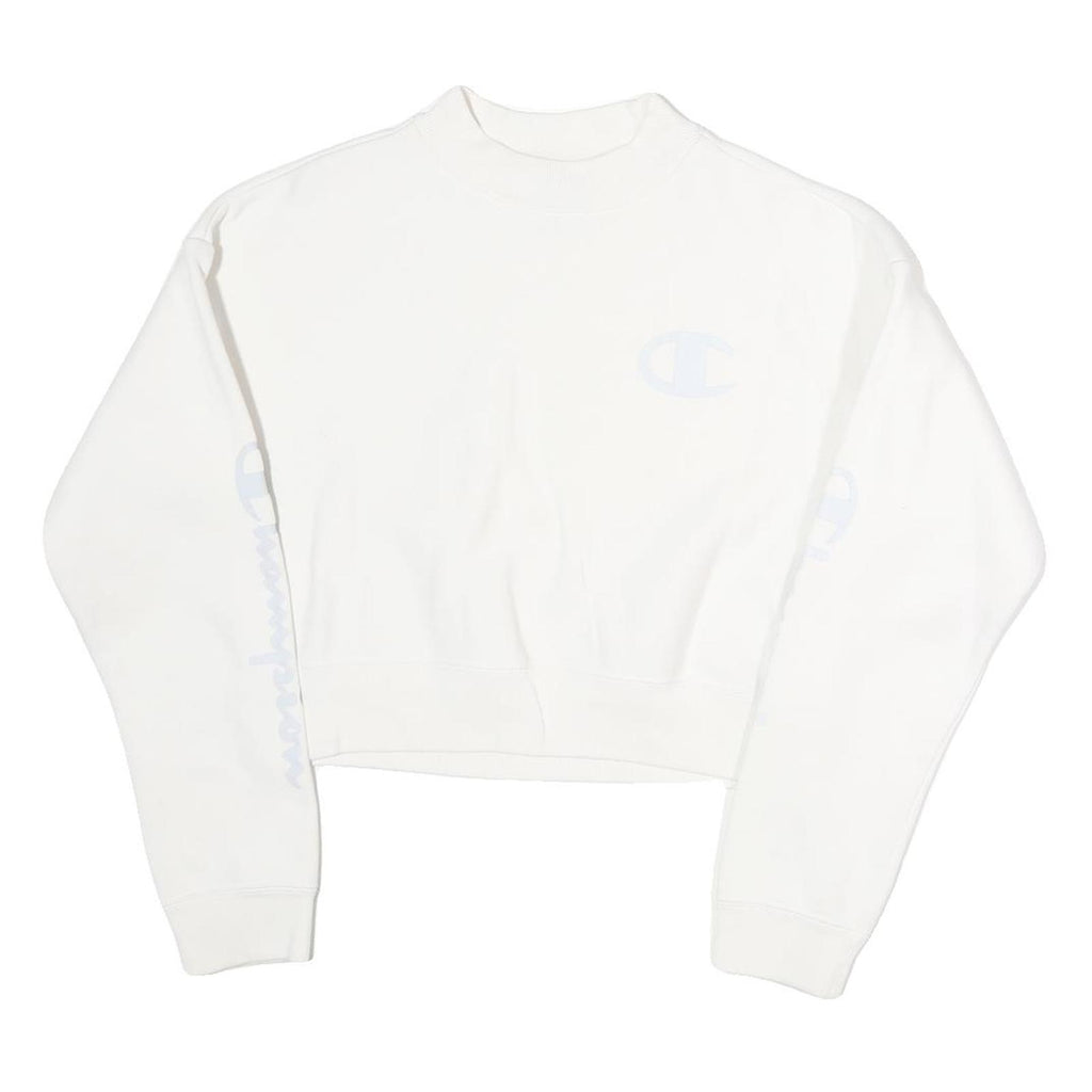 CHAMPION Womens White XS Crew Neck Sweatshirt Cotton Logo Print Cropped