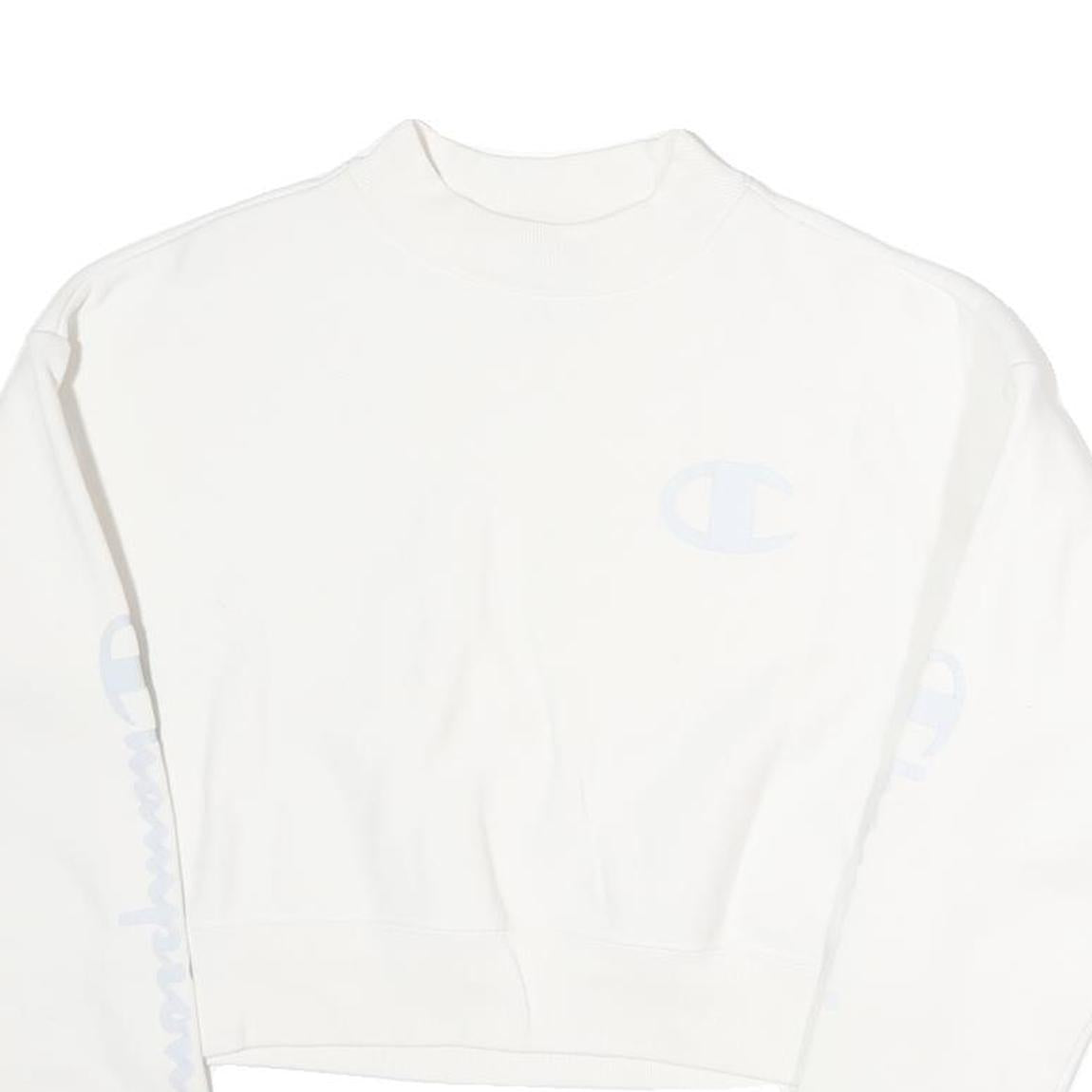 CHAMPION Womens White XS Crew Neck Sweatshirt Cotton Logo Print Cropped