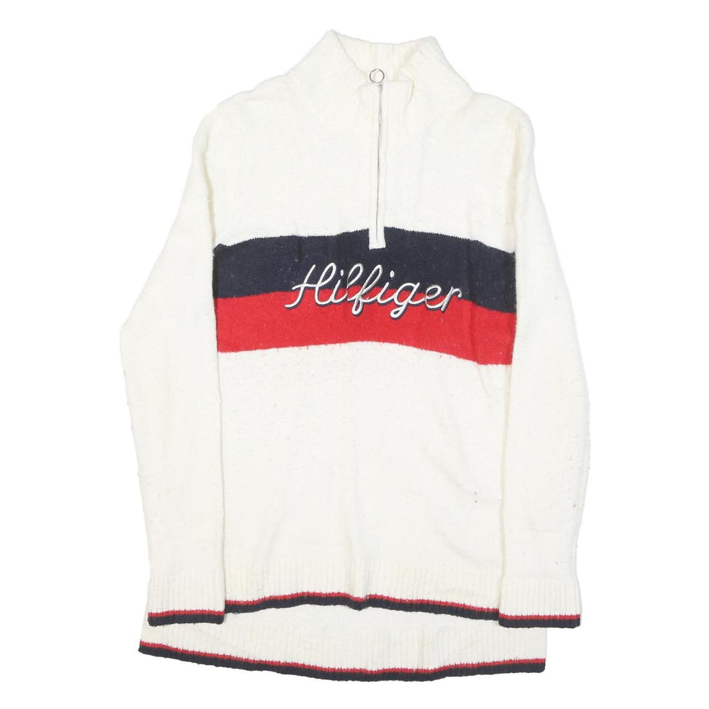 TOMMY HILFIGER Womens White & Red Wool Blend Patterned Jumper Half Zip Cable