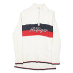 TOMMY HILFIGER Womens White & Red Wool Blend Patterned Jumper Half Zip Cable