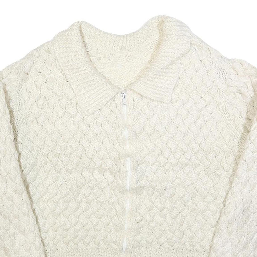 Womens Cream Chunky Knit Collar Zip Jumper L Cable Knit Pullover Soft Warm