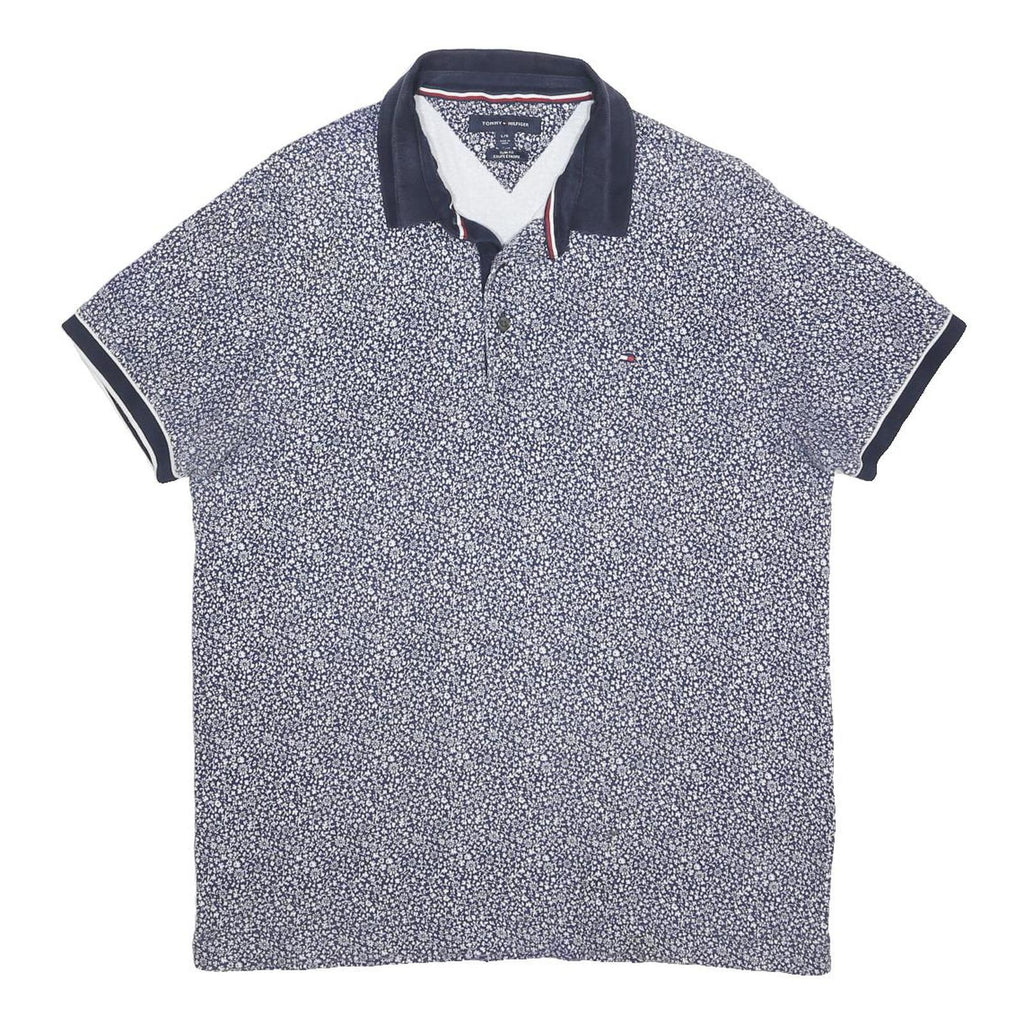 TOMMY HILFIGER Mens Blue White Floral Short Sleeve Polo Shirt L Cotton Casual