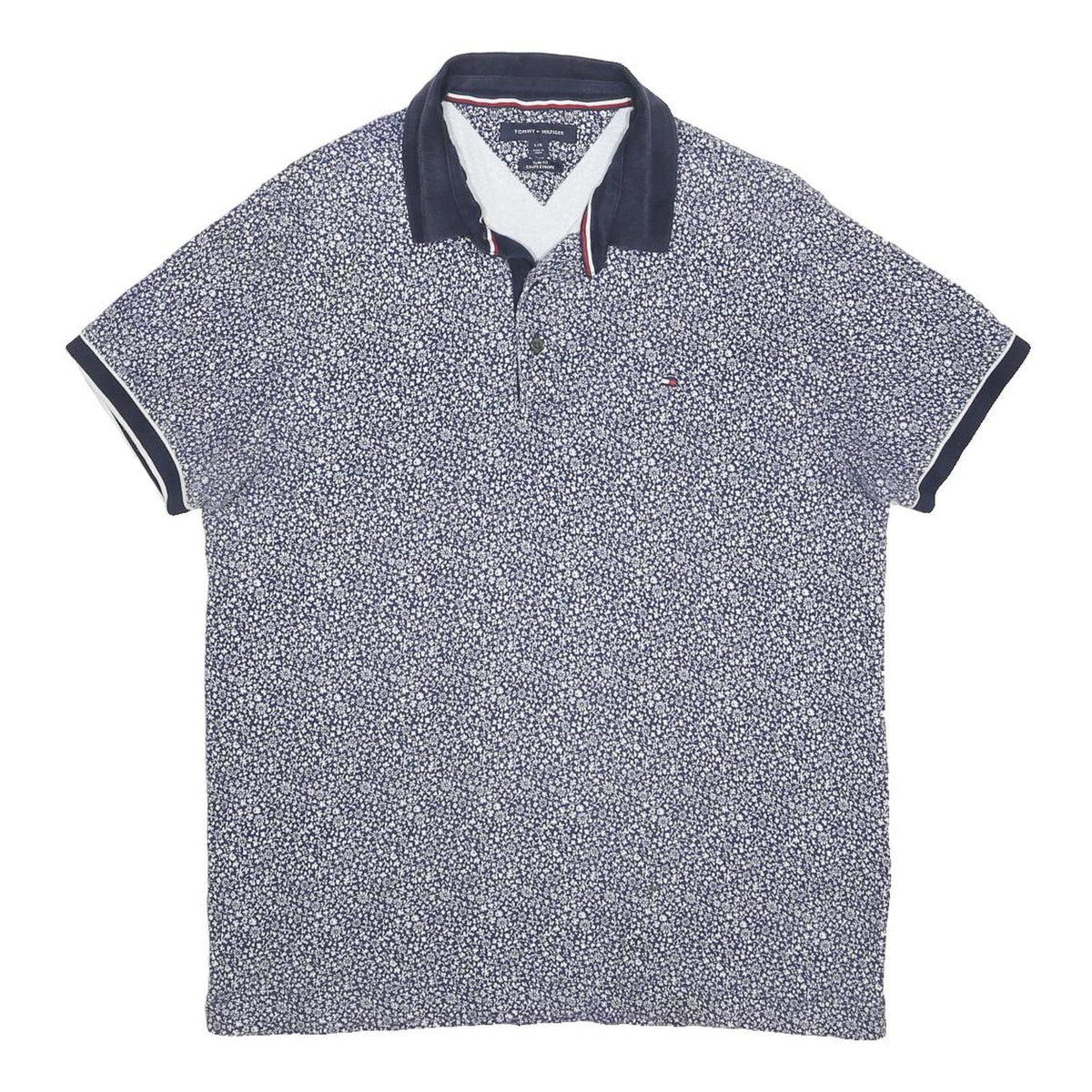 TOMMY HILFIGER Mens Blue White Floral Short Sleeve Polo Shirt L Cotton Casual