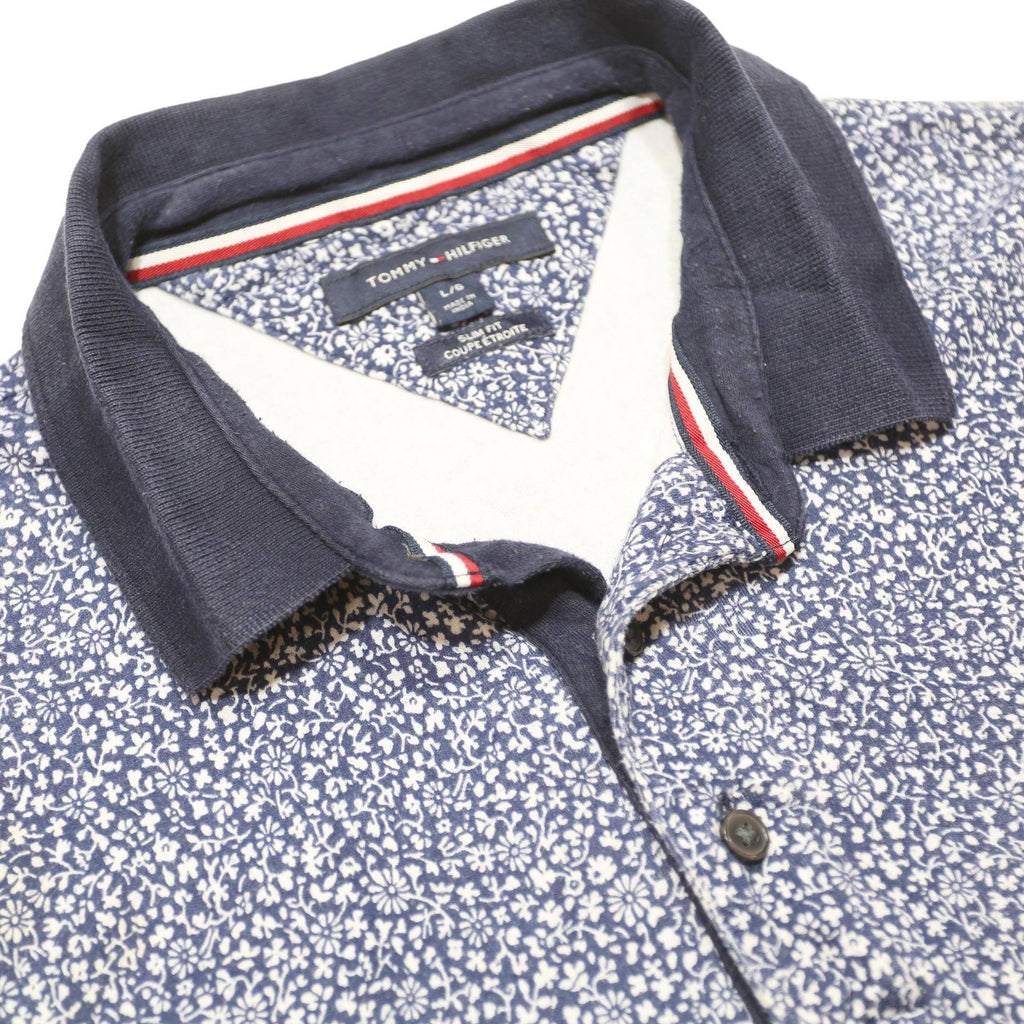 TOMMY HILFIGER Mens Blue White Floral Short Sleeve Polo Shirt L Cotton Casual