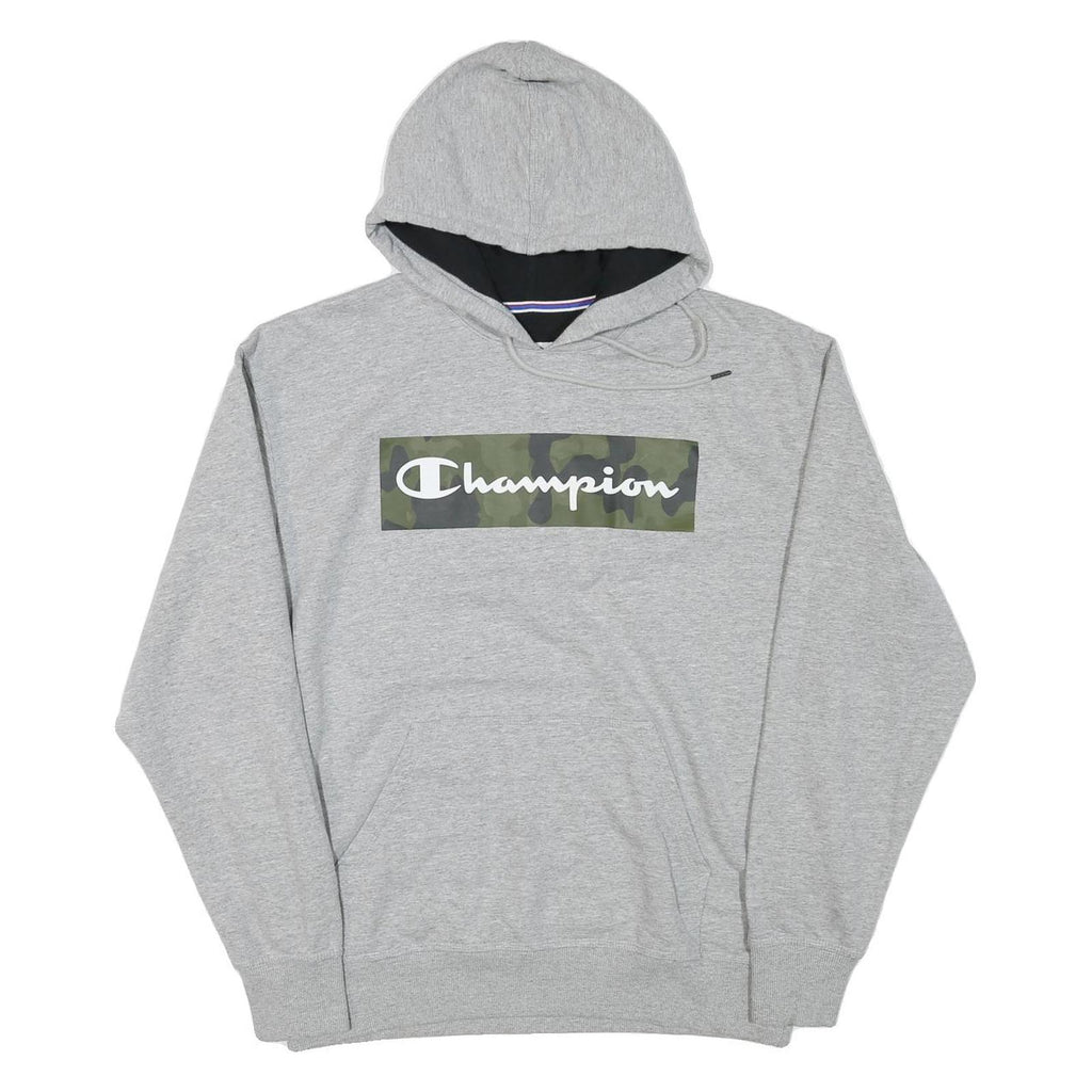 CHAMPION Mens Grey Hoodie L Cotton Blend Pullover Camouflage Logo