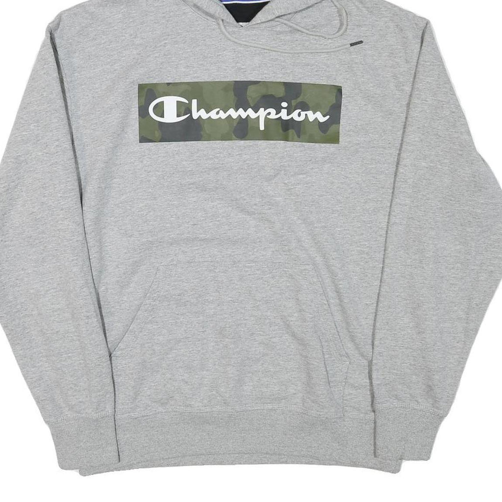 CHAMPION Mens Grey Hoodie L Cotton Blend Pullover Camouflage Logo
