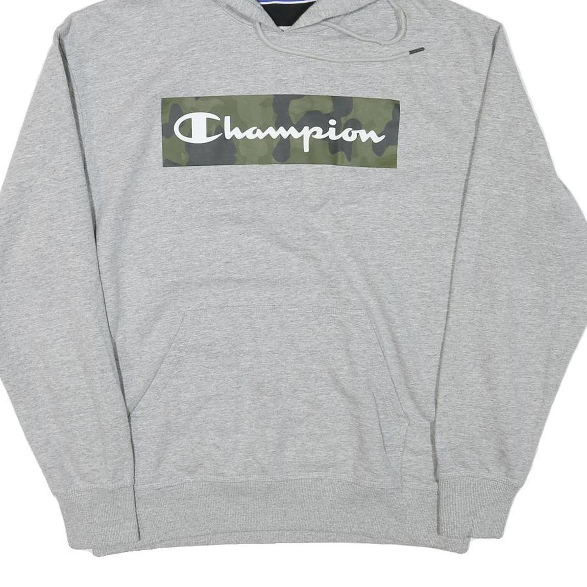 CHAMPION Mens Grey Hoodie L Cotton Blend Pullover Camouflage Logo