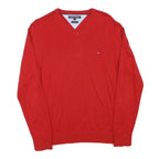 TOMMY HILFIGER Mens Red Plain V-Neck Basic Knit Jumper S Cotton Blend Light