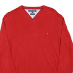 TOMMY HILFIGER Mens Red Plain V-Neck Basic Knit Jumper S Cotton Blend Light