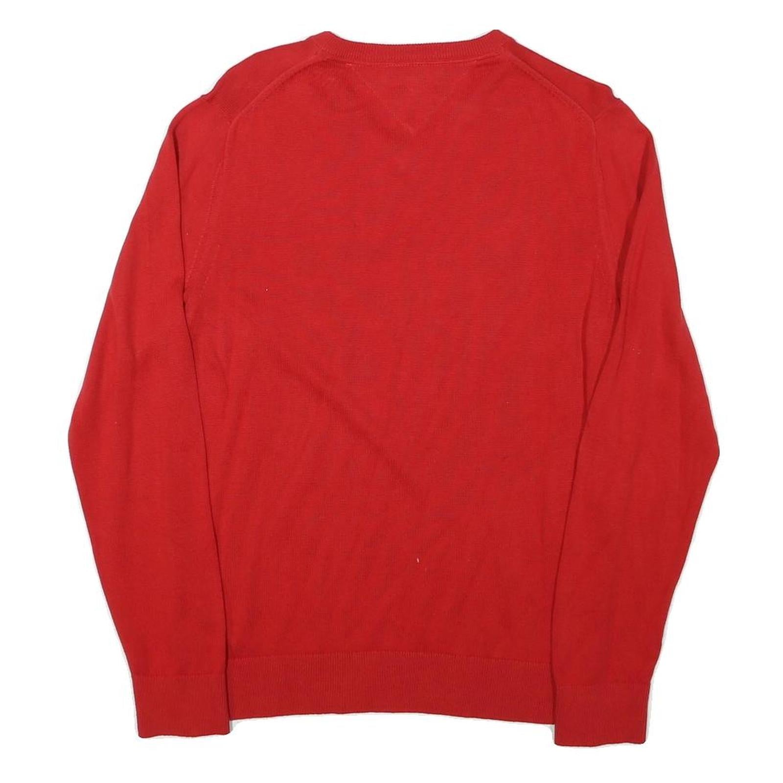 TOMMY HILFIGER Mens Red Plain V-Neck Basic Knit Jumper S Cotton Blend Light