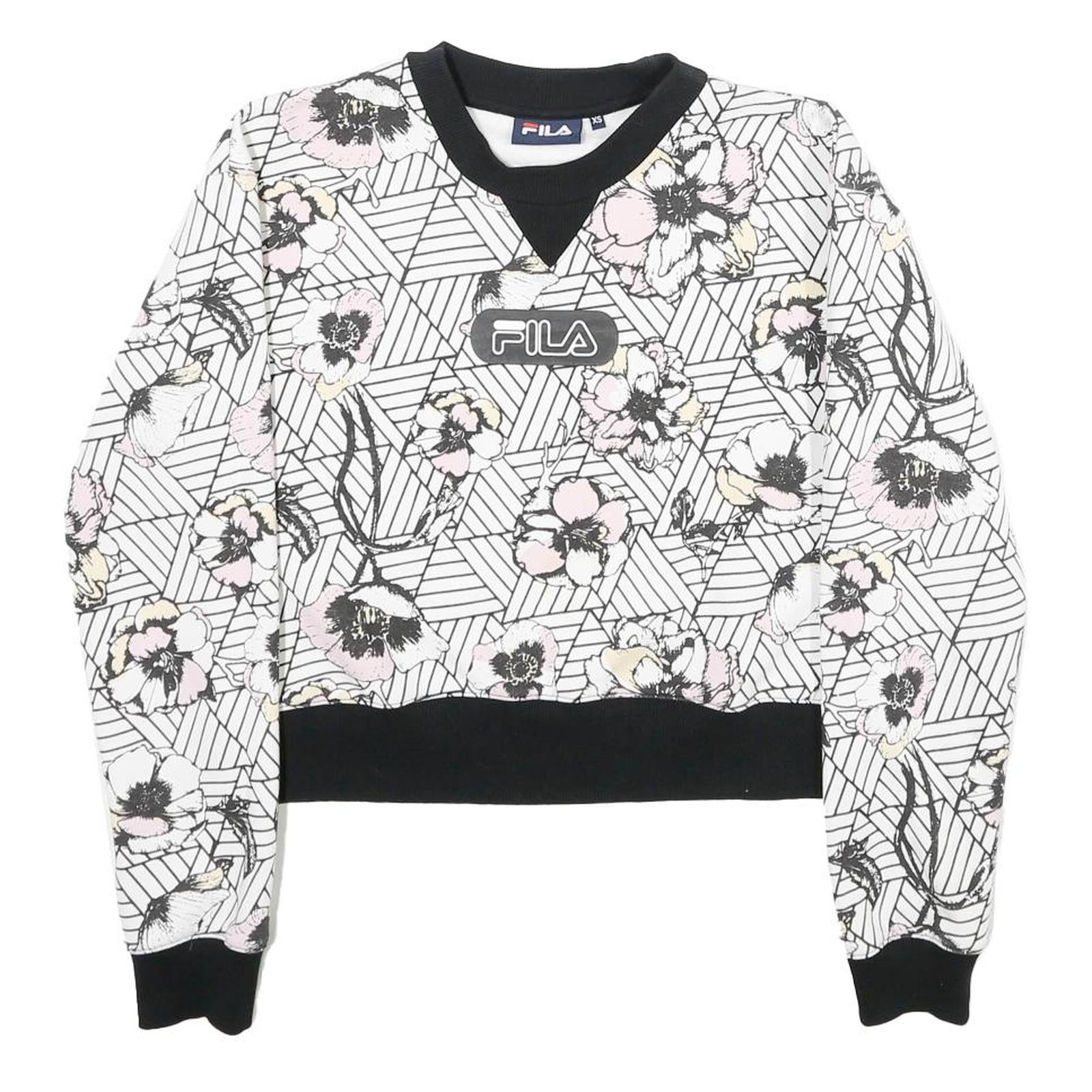 FILA Womens White & Black Floral Sweatshirt Crew Neck XS Lightweight Comfort