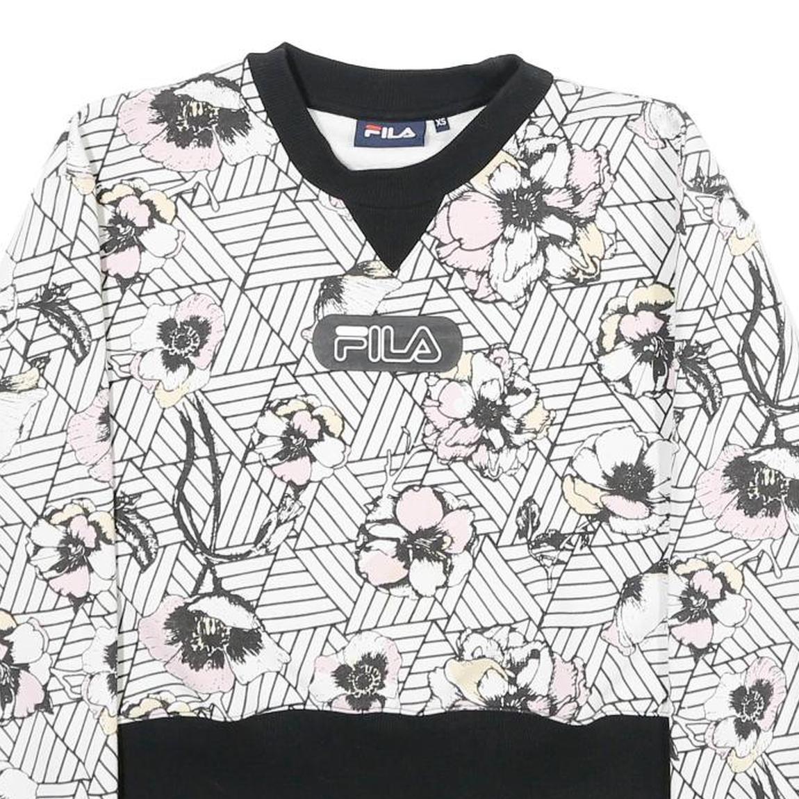 FILA Womens White & Black Floral Sweatshirt Crew Neck XS Lightweight Comfort