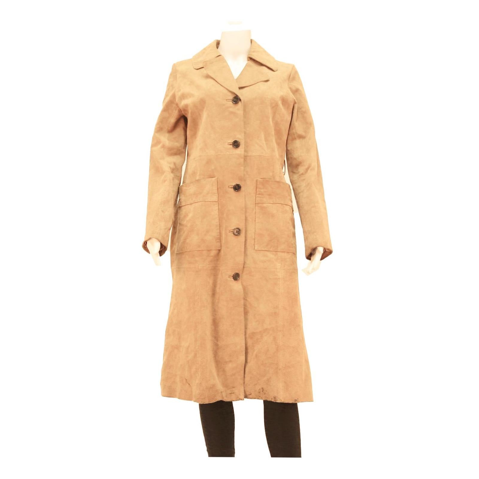 STRADIVARIUS Womens Beige Leather Button Jacket S Soft Fabric Pockets Long
