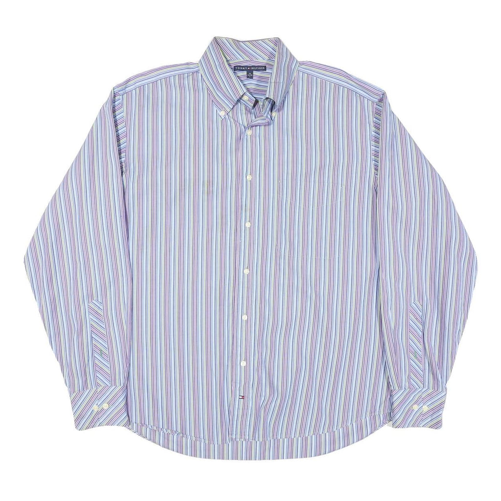 TOMMY HILFIGER Mens Blue & Purple Stripe Shirt L Button Down Cotton Blend Formal