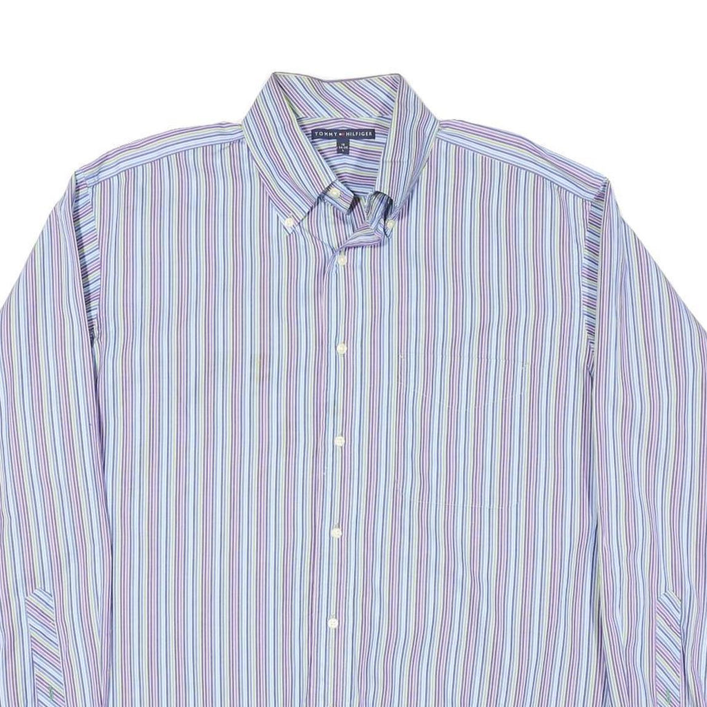TOMMY HILFIGER Mens Blue & Purple Stripe Shirt L Button Down Cotton Blend Formal