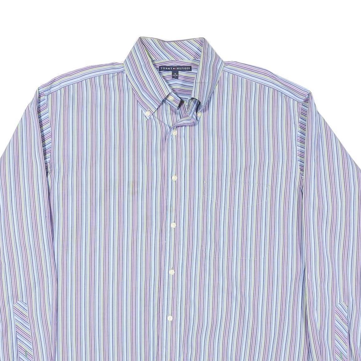 TOMMY HILFIGER Mens Blue & Purple Stripe Shirt L Button Down Cotton Blend Formal