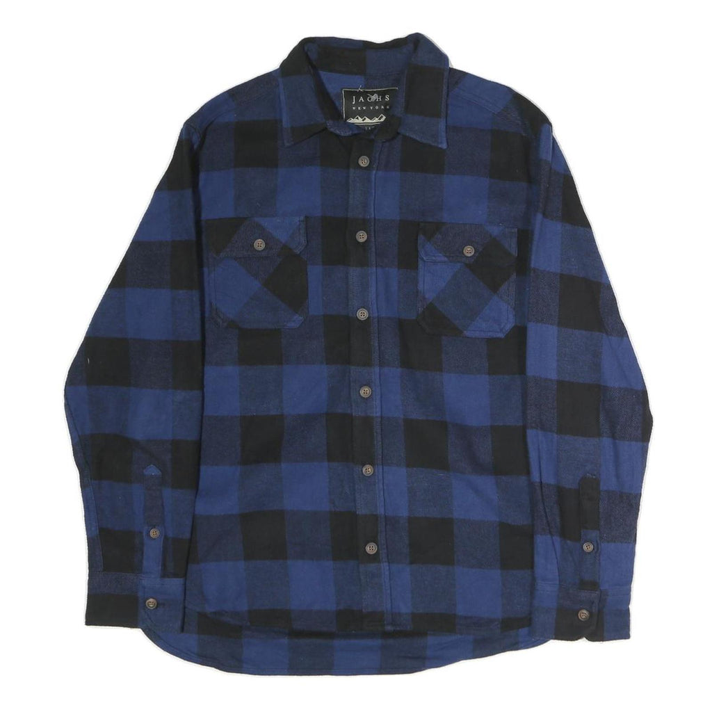 JACHS Mens Blue & Black Check Shirt L Long Sleeve Cotton Classic Fit Casual
