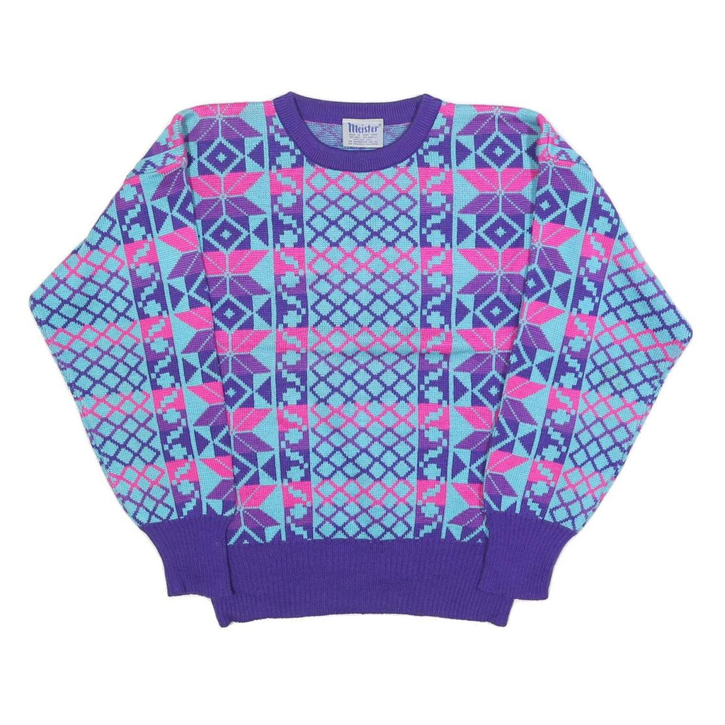 MEISTER Womens Purple Blue & Pink Patterned Wool Blend Jumper Crew Neck M
