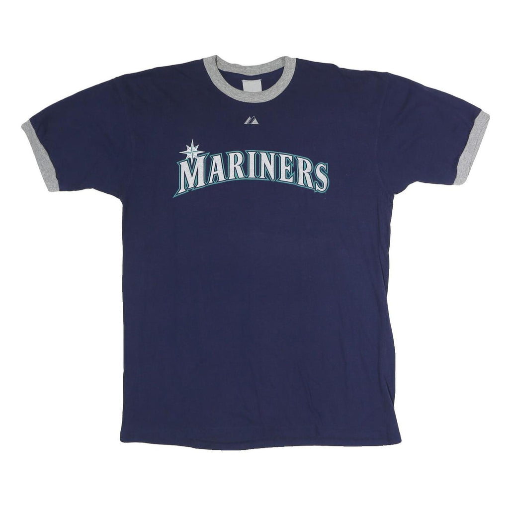 MAJESTIC Mens Blue & Grey Mariners Graphic Short Sleeve Crew Neck L T-Shirt