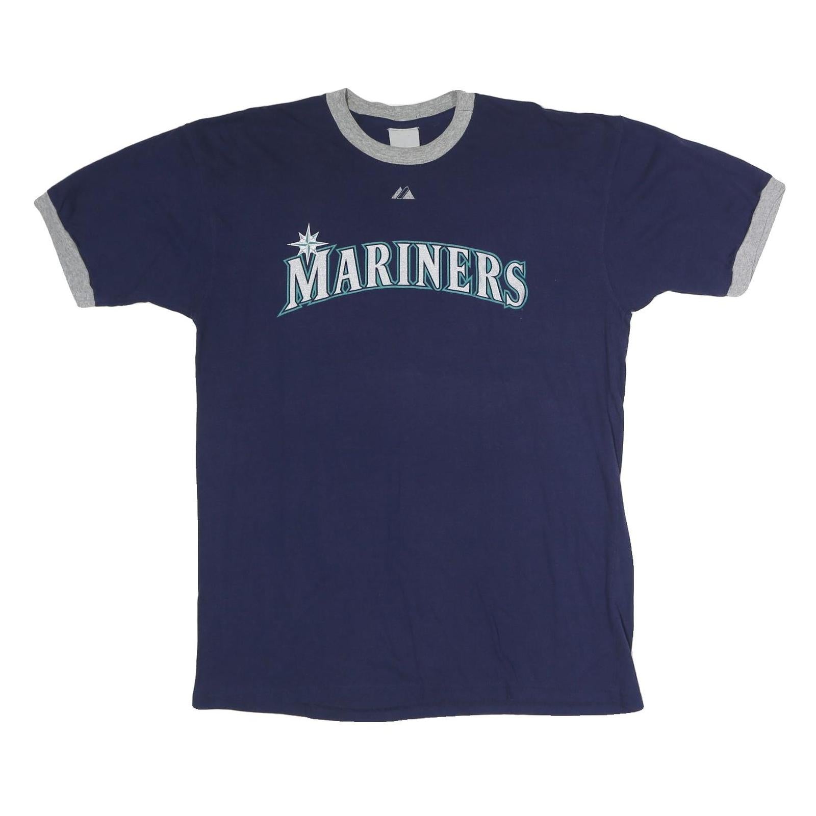 MAJESTIC Mens Blue & Grey Mariners Graphic Short Sleeve Crew Neck L T-Shirt