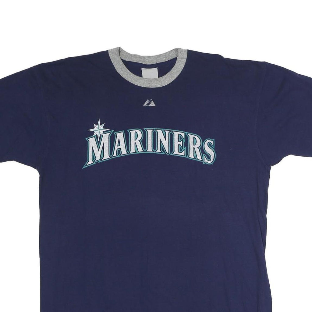 MAJESTIC Mens Blue & Grey Mariners Graphic Short Sleeve Crew Neck L T-Shirt