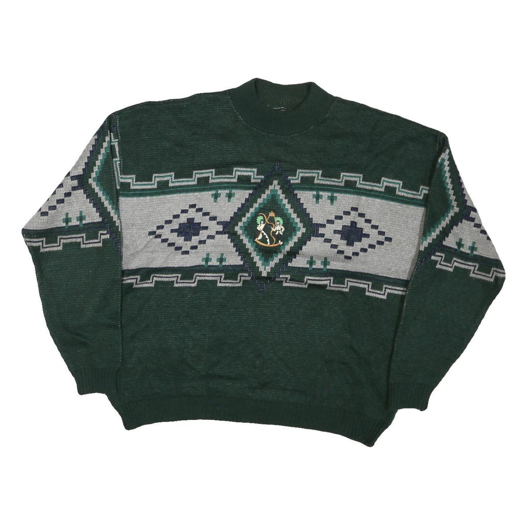 Mens Green Grey Patterned Wool Jumper Cable Knit L Crew Neck Relaxed Fit