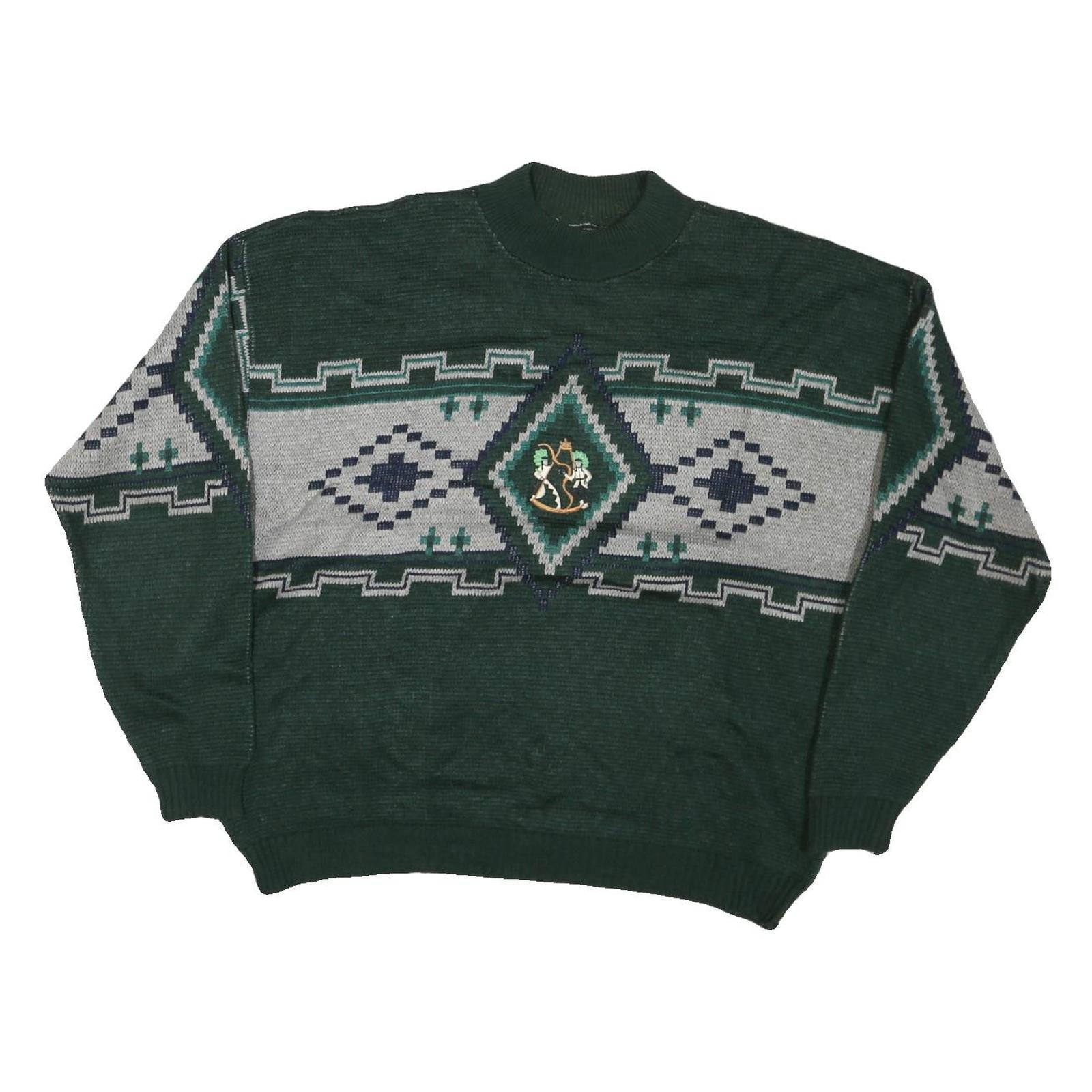 Mens Green Grey Patterned Wool Jumper Cable Knit L Crew Neck Relaxed Fit
