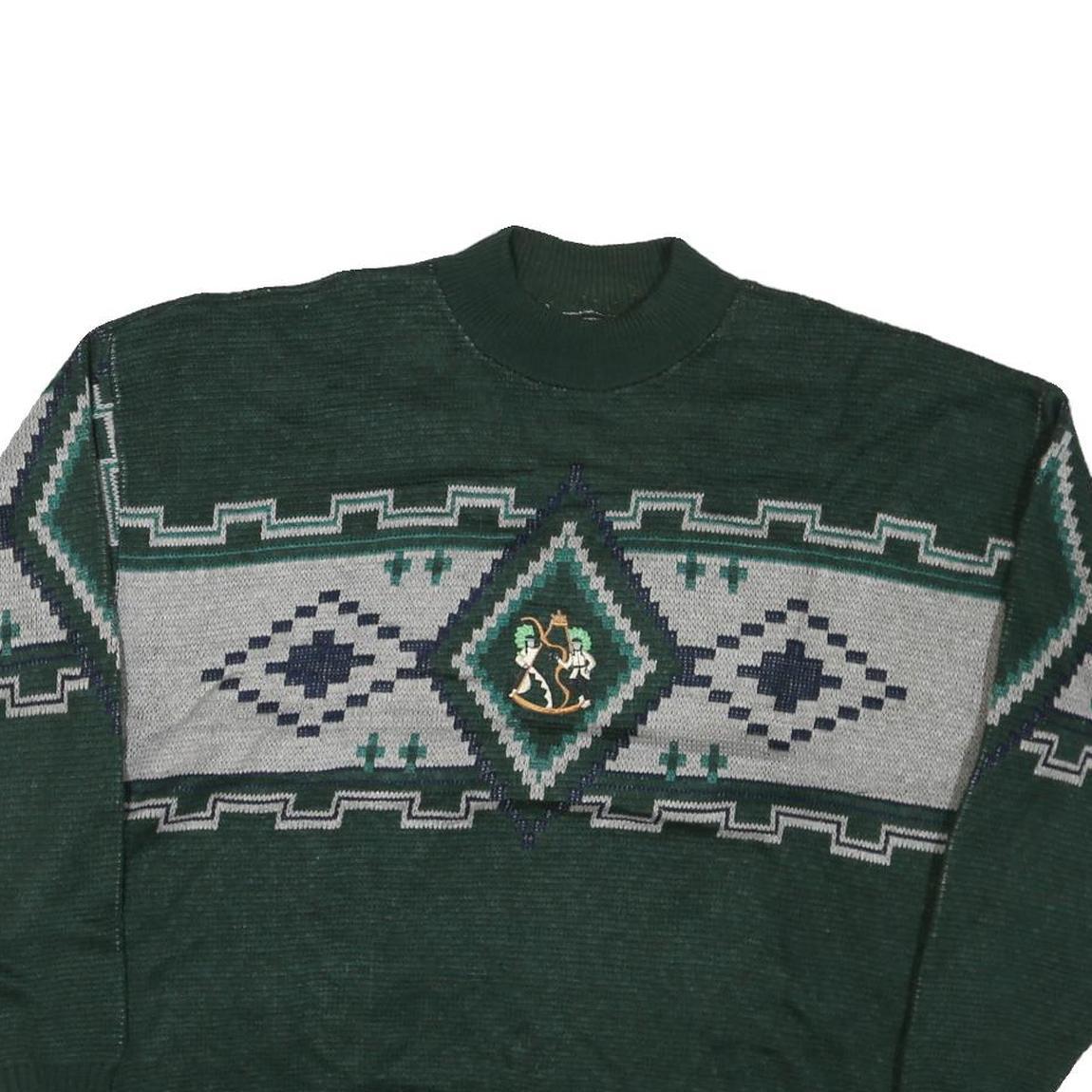 Mens Green Grey Patterned Wool Jumper Cable Knit L Crew Neck Relaxed Fit