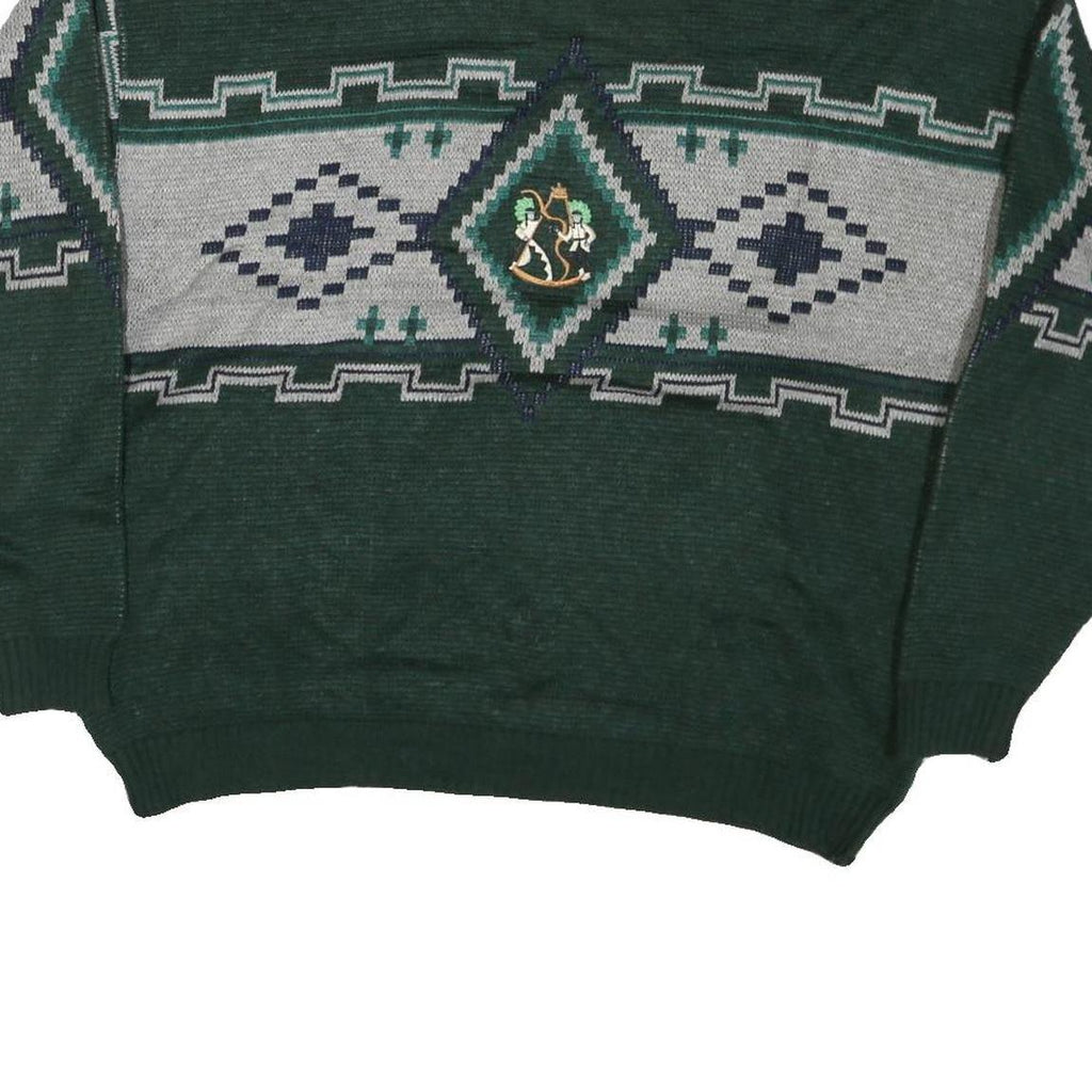 Mens Green Grey Patterned Wool Jumper Cable Knit L Crew Neck Relaxed Fit