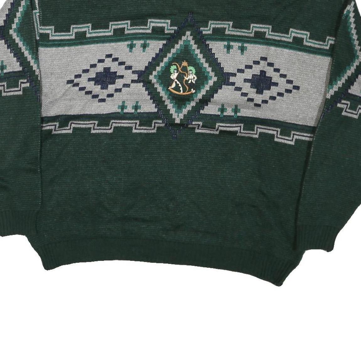 Mens Green Grey Patterned Wool Jumper Cable Knit L Crew Neck Relaxed Fit