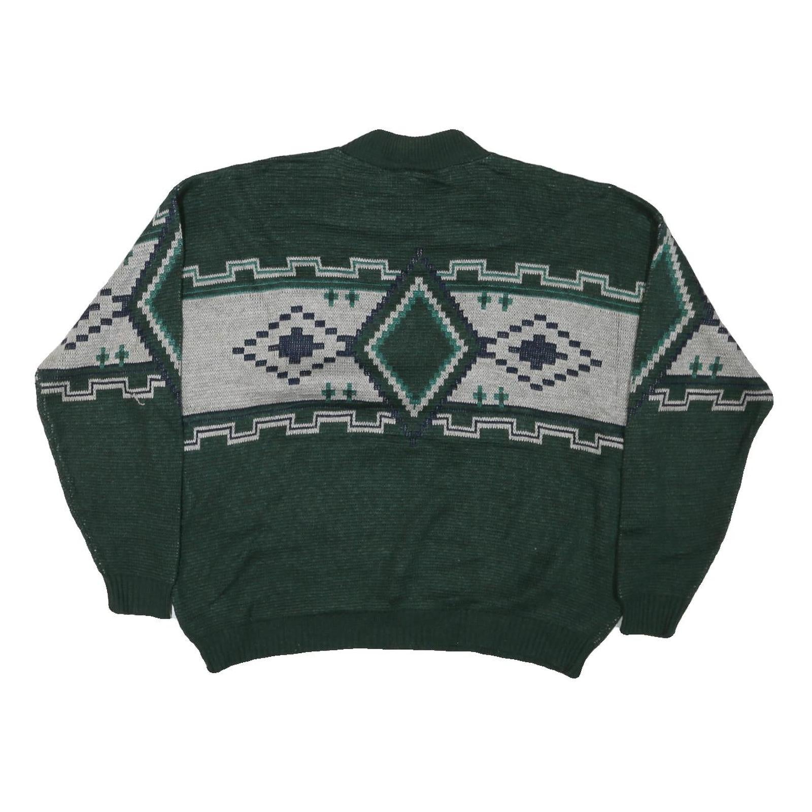 Mens Green Grey Patterned Wool Jumper Cable Knit L Crew Neck Relaxed Fit