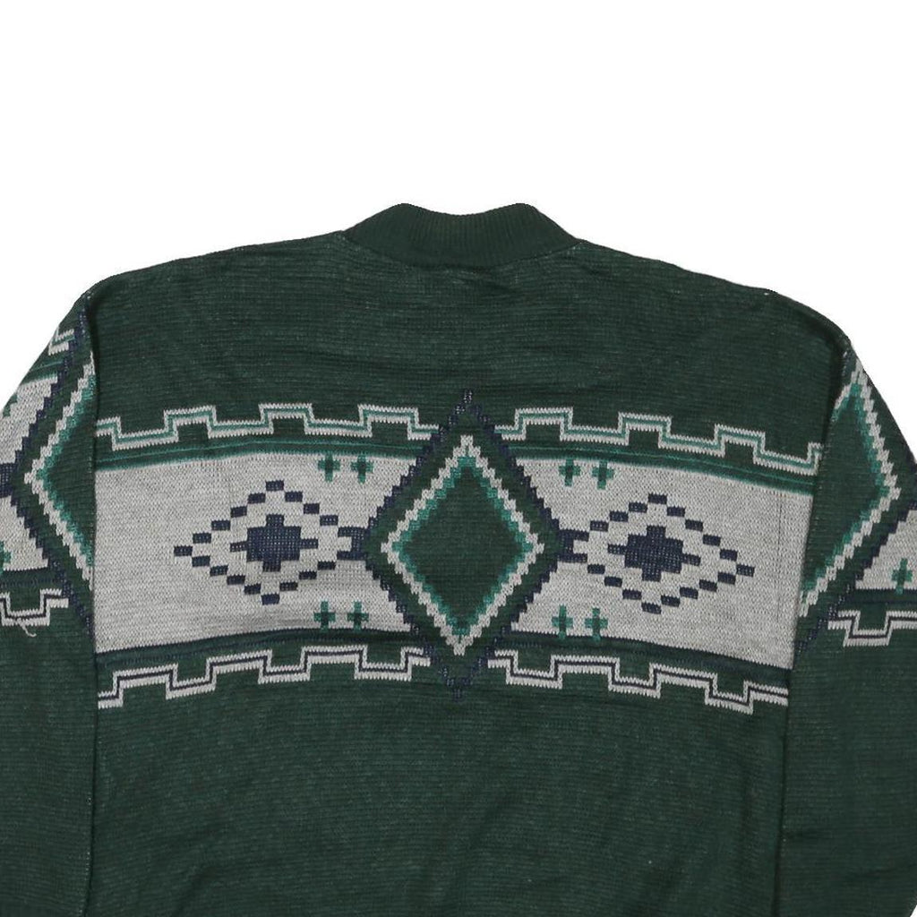 Mens Green Grey Patterned Wool Jumper Cable Knit L Crew Neck Relaxed Fit