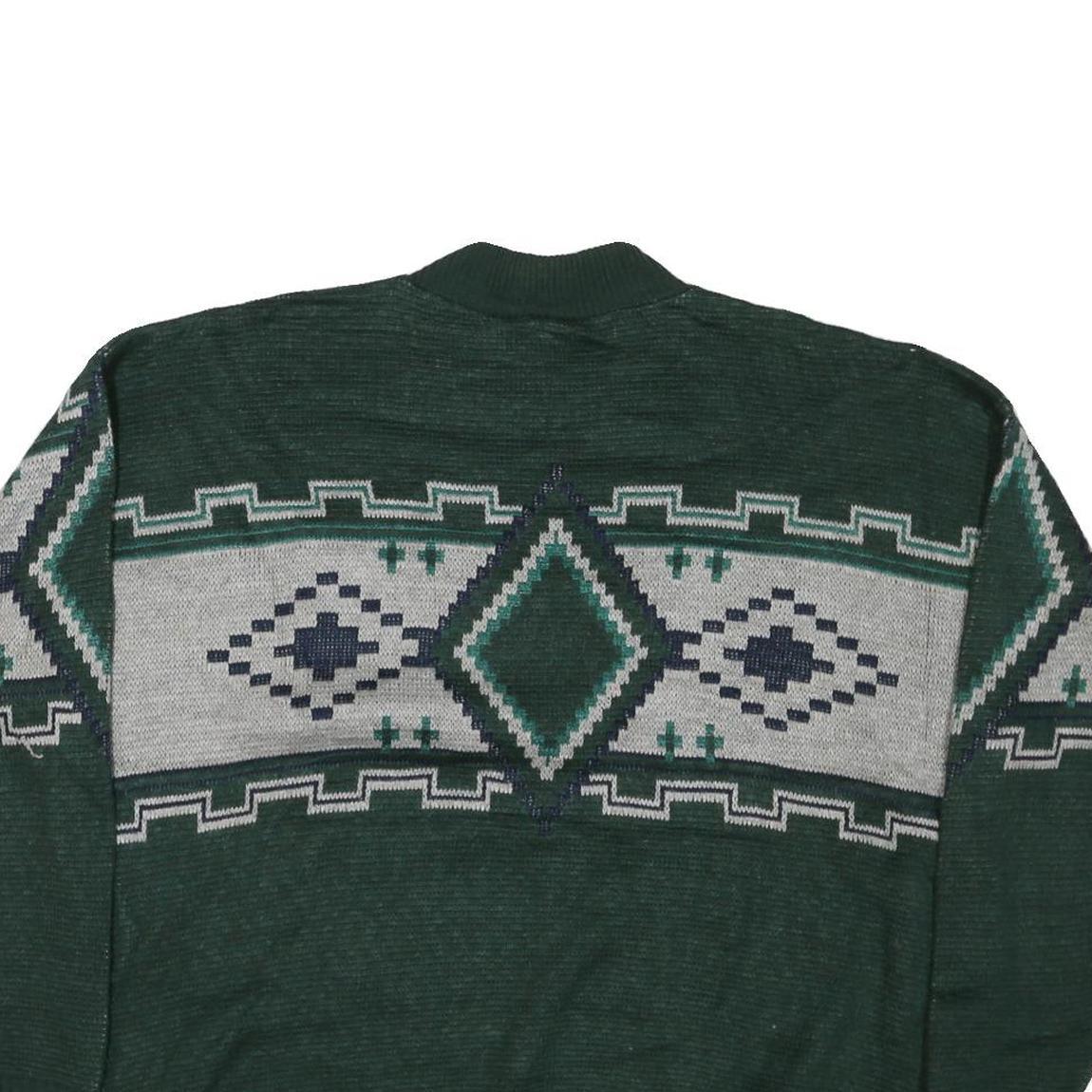 Mens Green Grey Patterned Wool Jumper Cable Knit L Crew Neck Relaxed Fit